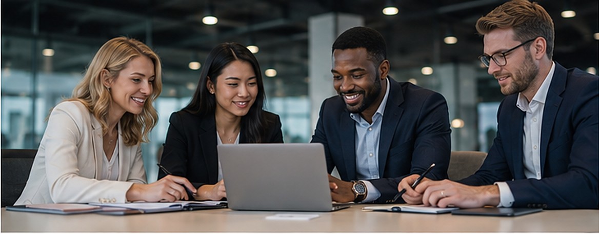 A team collaborating around a laptop