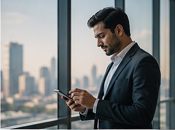A professional checking his phone against the city skyline