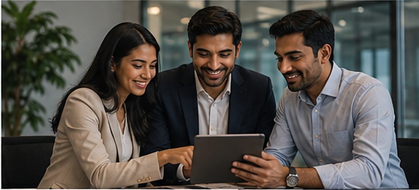 Three colleagues reviewing a tablet together