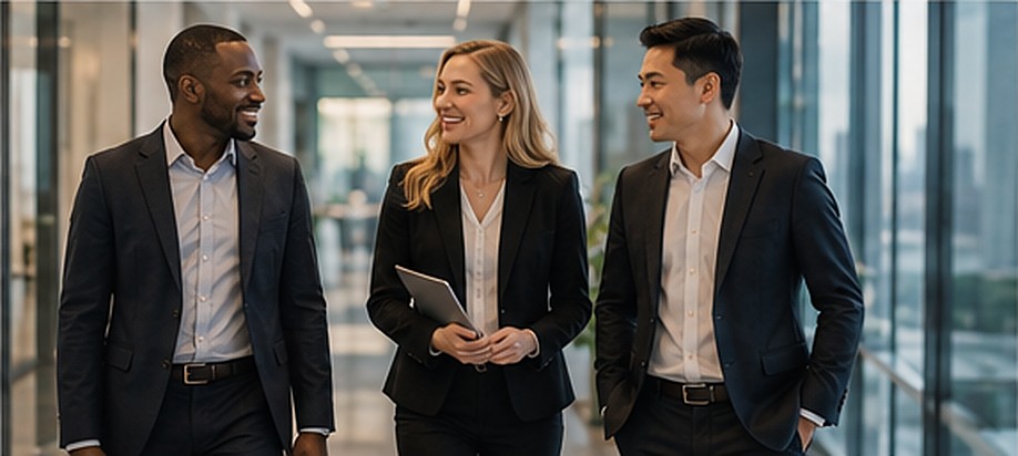 Three colleagues walking through a modern office