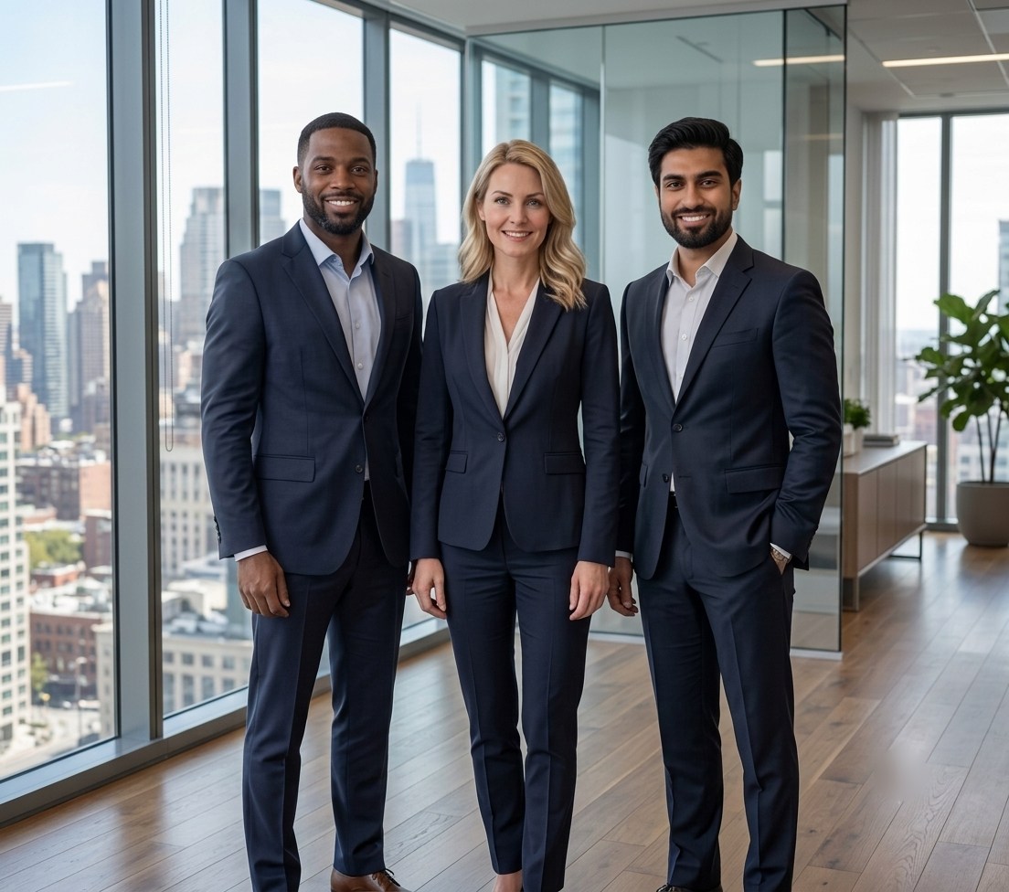 Three EPB professionals standing together in a modern office with the city skyline behind them