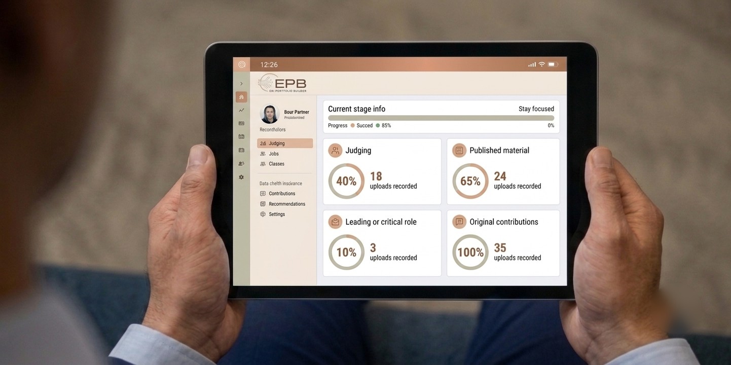 A professional reviewing his EPB dashboard on a tablet, showing progress across the EB-1 criteria