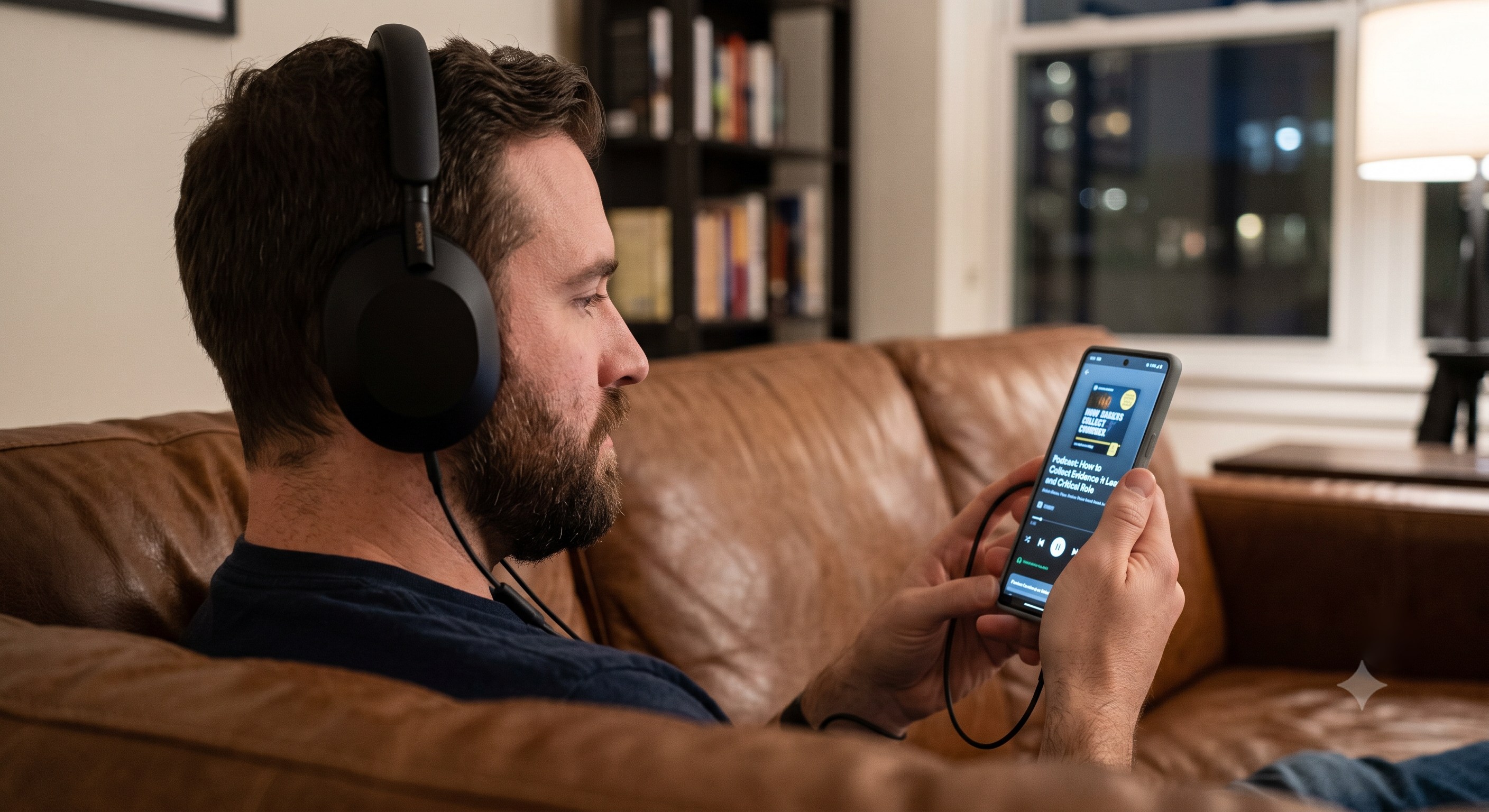 A professional at home listening to an EPB audio tutorial on collecting evidence for a leading or critical role