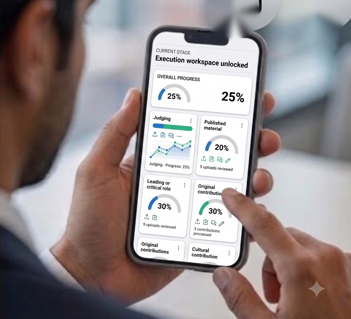 A professional holding a phone showing the EPB Execution Workspace with live progress