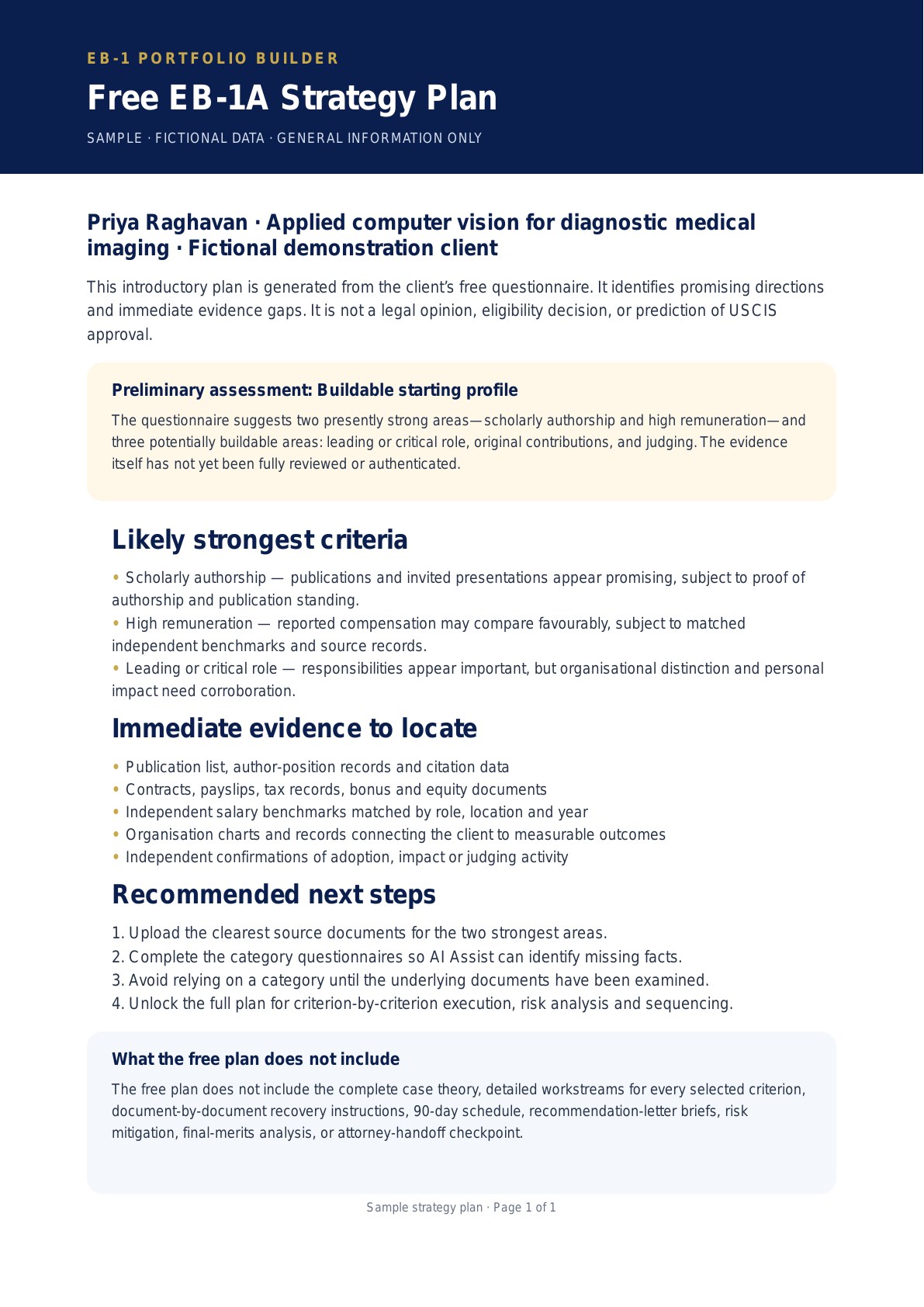 Free introductory EB-1 strategy example, page 1 of 1