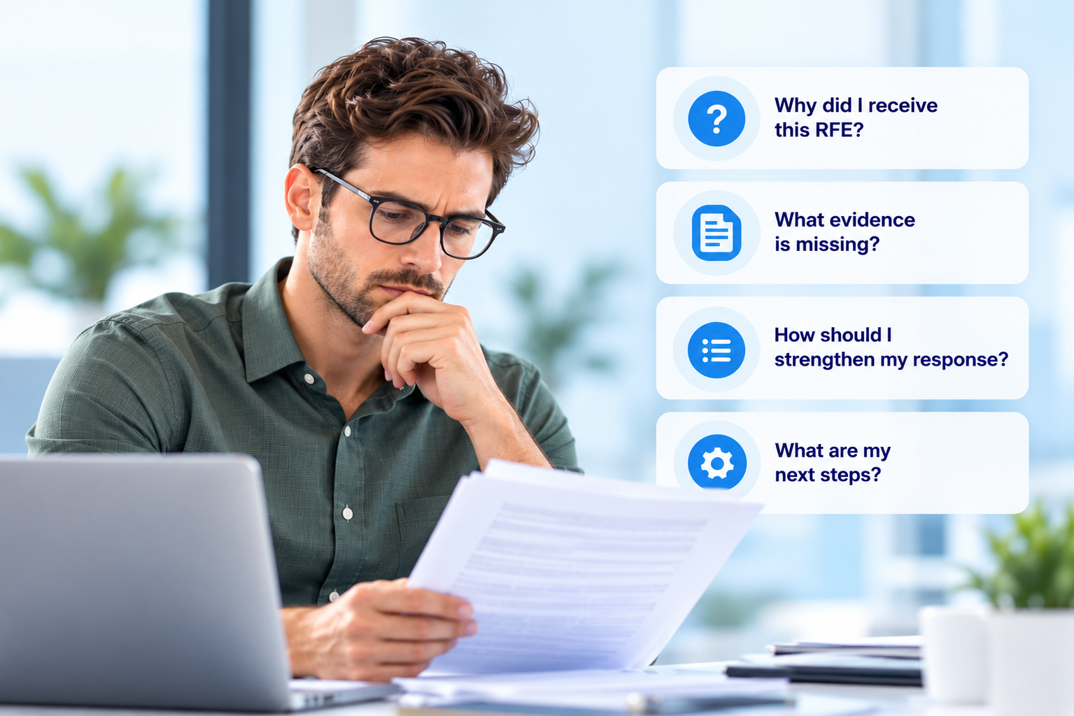 Professional reviewing important documents and assessing next steps
